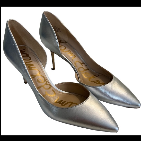 SAM EDELMAN Teresa Slip On Shoe Heel Leather 3” Silver Party 6.5 US. - Picture 2 of 10